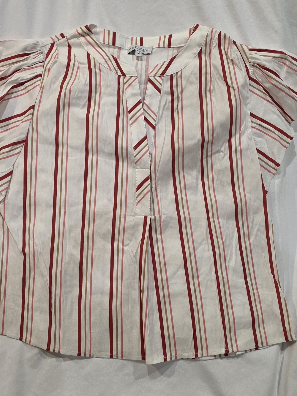 Striped V-Neck Blouse in Ivory with Red & Tan Stripes